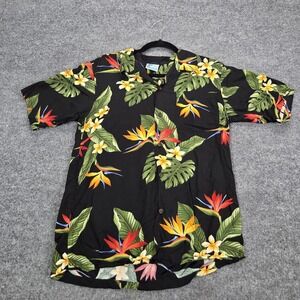 RJC Shirt Mens Medium Black Hawaiian Floral Aloha Button Up Tropical Cotton USA